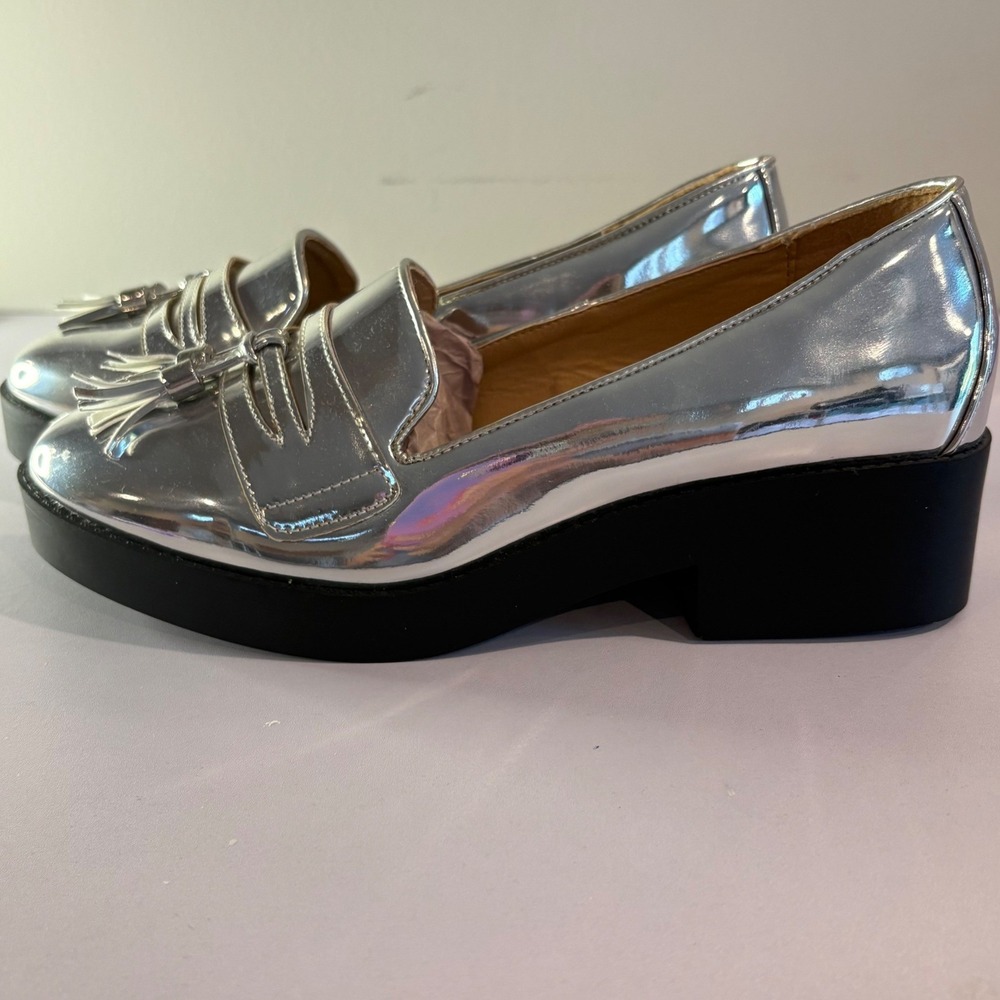 ♾️River Island 8 Silver Metallic Loni Tassel Loafers Y2K Preppy Platform Shoes♾️